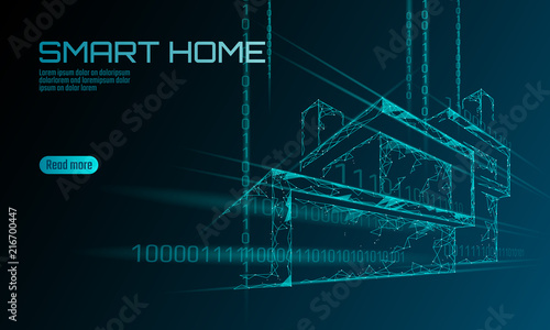 Smart house binary code low poly concept. Online control information analysis. Internet of things technology home automation system. Blue glowing polygonal triangle vector illustration banner