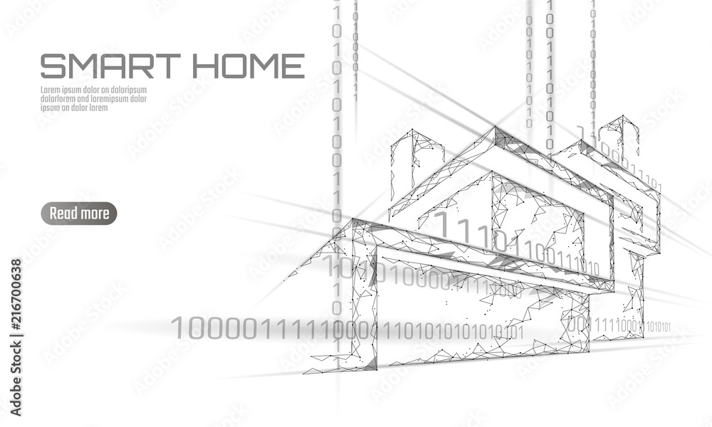 Smart house binary code low poly concept. Online control information analysis. Internet of things technology home automation system. White draft polygonal triangle vector illustration banner