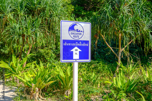 Pointer indicating the direction for evacuation from tsunami. Warning sign: Tsunami evacuation route.