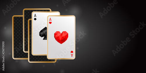 Banner with two aces in five playing cards. One pair. Winning poker hand on black background