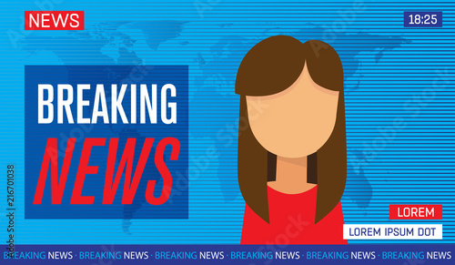 newscaster woman reporting tv news sitting in a studio, breaking news on tv, flat vector illustration