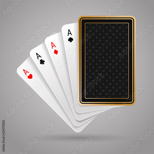 Four aces in five playing card with black back design on grey background. Winning poker hand. JPG include isolated path