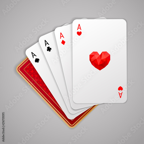 Four aces in five playing card with red back design on grey background. Winning poker hand. JPG include isolated path