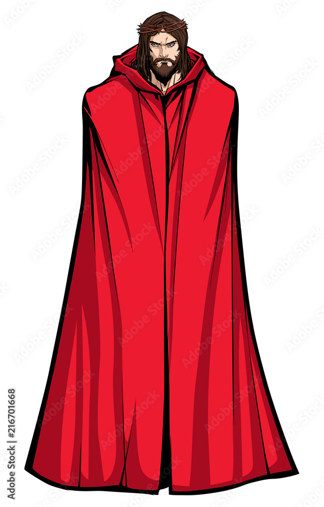 Full length illustration of Jesus Christ wearing red cloak and looking at you with serious expression.