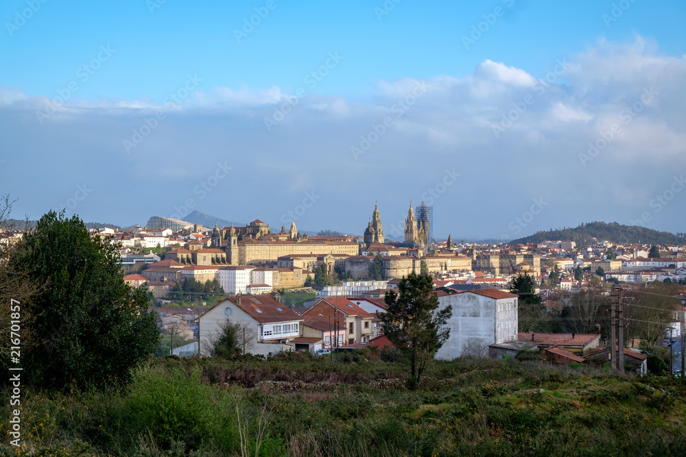 View from hill to the Santiago de Compostela, spanish city in Galicia. Cathedral of Santiago de Compostela under reconstruction.