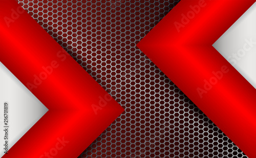 Geometric background with metal grille and two red arrows.