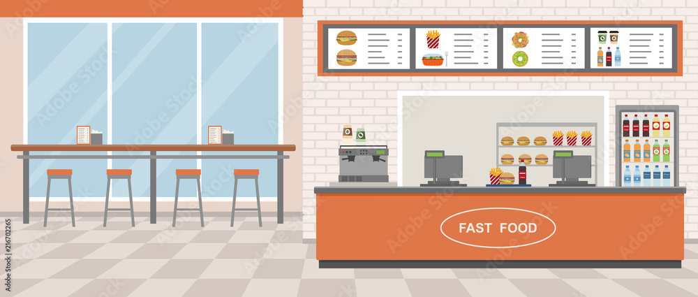 Fast food restaurant interior. Vector illustration. Flat design. 

