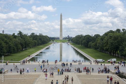 Classic view of the Washington Monument and the National Mall seen from the steps of the Lincoln Memorial. 