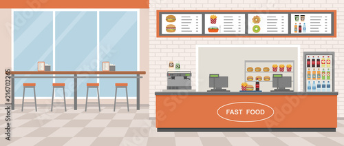 Fast food restaurant interior. Vector illustration. Flat design. 
