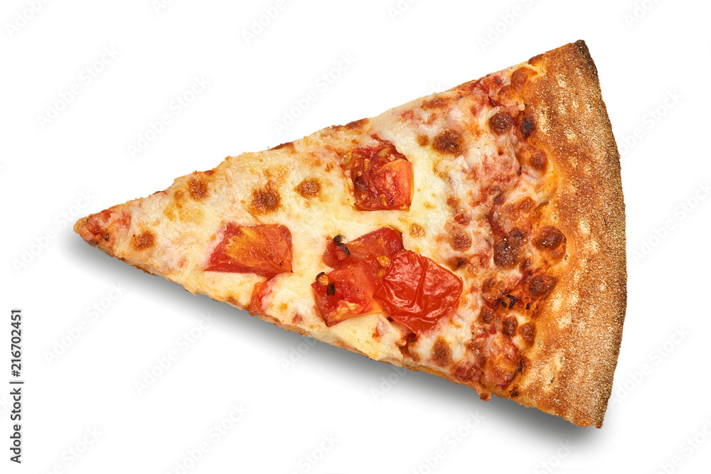 Slice of cheese pizza close-up isolated on white background.