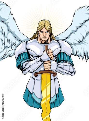 Full color illustration of Archangel Michael holding his sword. 