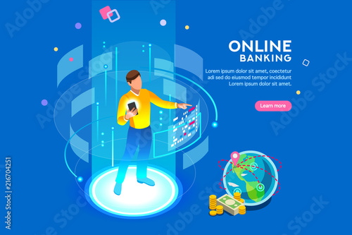 Vr, virtual augmented reality and futuristic banking concept with characters. Gadget of the future, smartphone tech for payment. Flat Isometric character vector illustration.