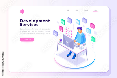 Device with character concept. Program developer creating website writing software at computer desktop. Engineer male programmer programming. Concept 3D flat isometric vector illustration landing page