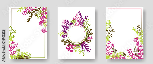 Vector invitation cards with herbal twigs and branches wreath and corners bor...