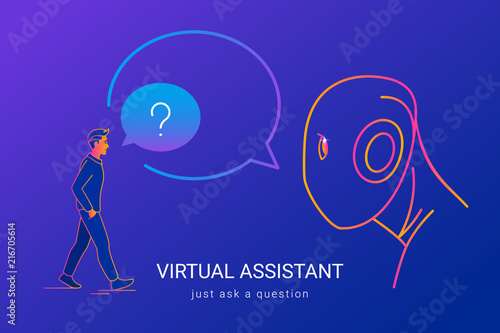 Virtual assistant and voice recognition concept gradient line vector illustration of people asking voice assistant without missunderstanding. Man standing and and talking to big ai head