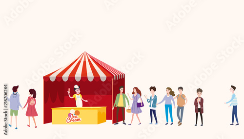 Trade tent, ice cream counter, seller under a canopy, outdoor composition, city, selling ice cream, drinks, corn, fast food, sweets. People, sellers and buyers. Urban scene. Vector illustration in