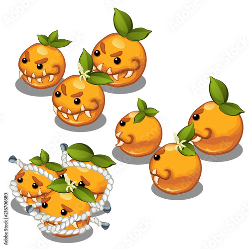 Trapped fancy monsters in the form of a scary toothy oranges isolated on a white background. Vector illustration.
