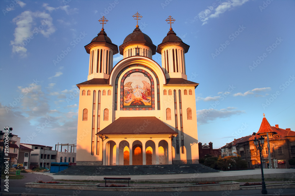 Dramatic view at sunset of the new orthodox cathedral in the center of Drobeta Turnu Severin city, Romania - The Episcopal Cathedral 