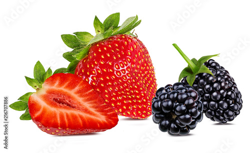 Fototapeta Naklejka Na Ścianę i Meble -  Collage of fresh berries strawberries and blackberries isolated on white background with clipping path