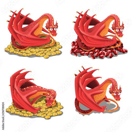 Set of red dragon guarding his treasures and golden coins isolated on a white background. Vector cartoon close-up illustration.