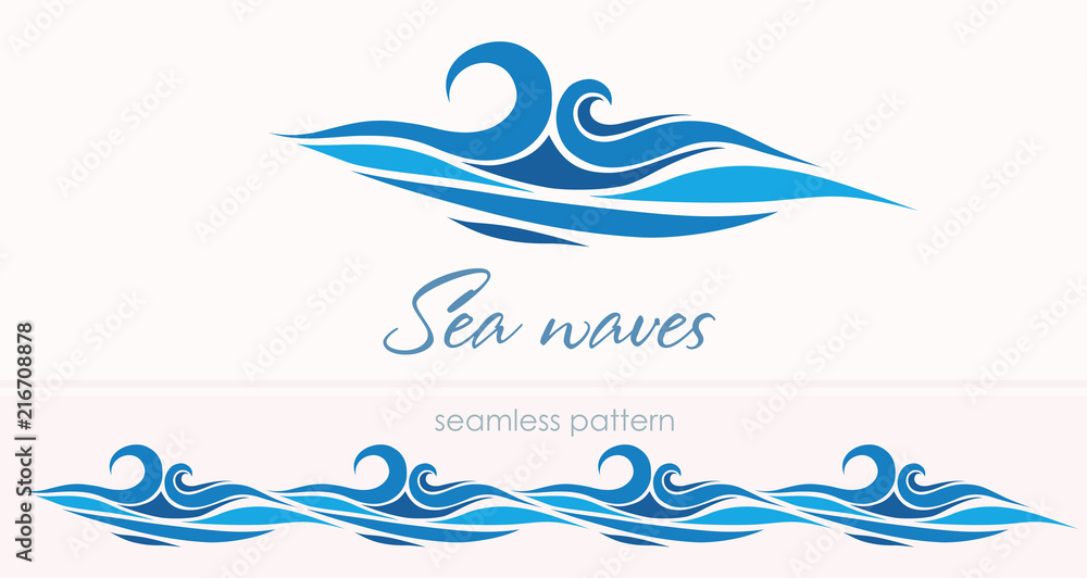 Marine seamless pattern with stylized waves on a light backgroun Marine seamless pattern with stylized waves on a light backgroun