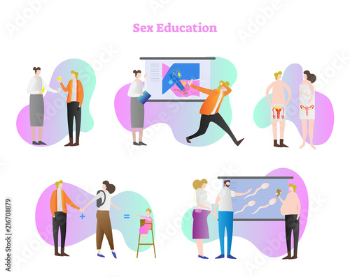 Sex education vector illustration collection set. Teaching about condoms, presentation, sex life, reproductive system, how baby are made, pregnancy and fertilization.