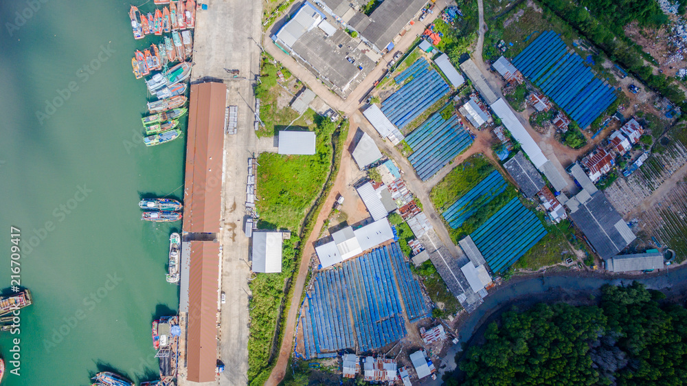 aerial view above Siray fishing port in Phuket