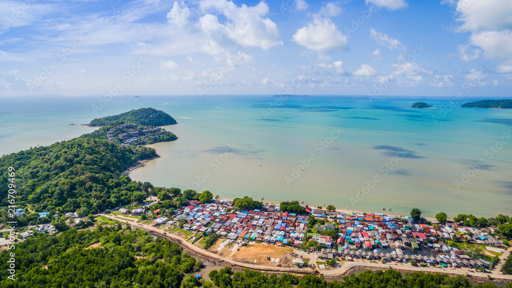 aerial view above Siray fishing village in Phuket