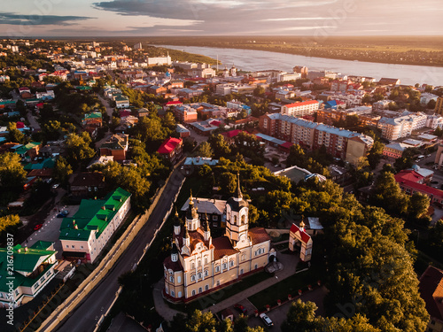 Tomsk cityscape Siberia, Russia. Tom river. Drone aerial top view. photo