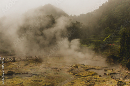 Gases and water and sulfur vapour from the hot springs near the lake of furnas in the island of Sao Miguel Azores, Portugal