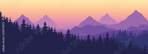 Landscape with high mountains and coniferous forest in multiple layers, under yellow purple sky and space for text