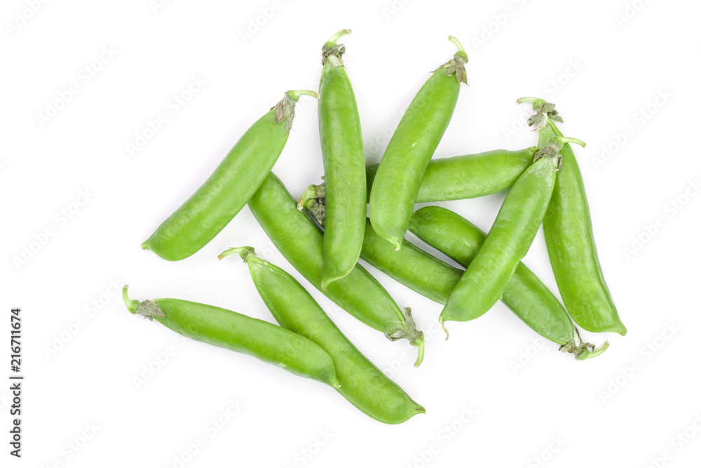 Fresh green pea pod isolated on white background. Top view. Flat lay Fresh green pea pod isolated on white background. Top view. Flat lay