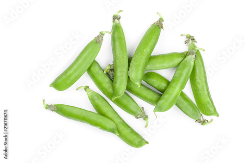 Fresh green pea pod isolated on white background. Top view. Flat lay