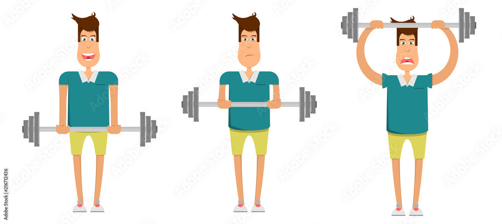 man goes in for sports,sports equipment to practice weightlifting,metal dumbbells,healthy lifestyle, vector image, flat design, cartoon character