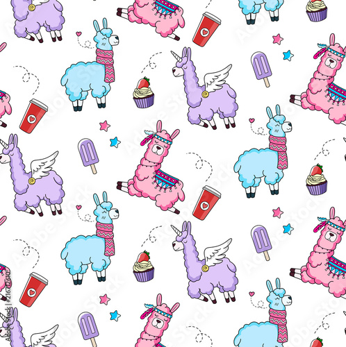 Lllama seamless pattern with cute llamas and doodles. Alpaca design for textile, prints etc. photo