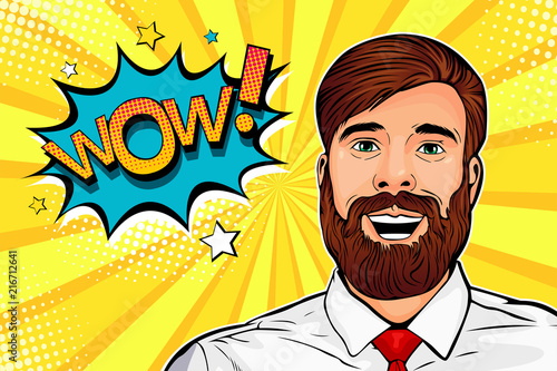 Wow pop art male hipster face. Young surprised man with beard and open mouth Wow speech bubble. Vector colorful illustration in retro comic style.