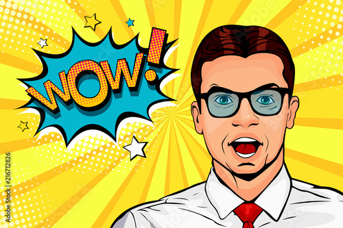 Wow pop art male face. Young surprised man in glasses with open mouth and Wow speech bubble. Vector colorful illustration in retro comic style.