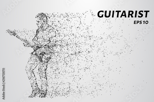 Rock guitarist plays at the concert. The guitarist consists of dots and circles.