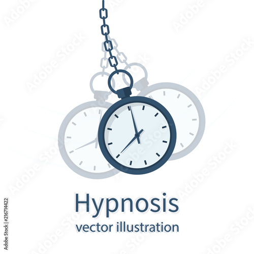 Hypnosis concept. Watch on a chain. Golden pocket watch. Pendulum swinging. Mind control. Vector illustration flat design. Isolated on background.