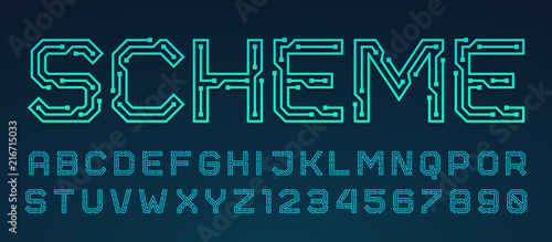 Vector printed circuit board style font. Blue latin letters from A to Z and numbers from 0 to 9 made of electric current wires and connectors. Futuristic design concept. photo