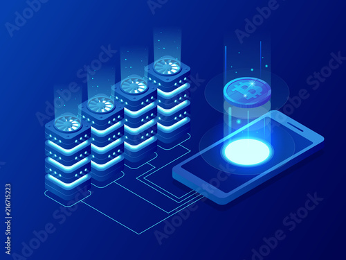 Isometric mining Bitcoin farm. Cryptocurrency, blockchain, bitcoin mining concept. Big data processing, server room rack vector illustration