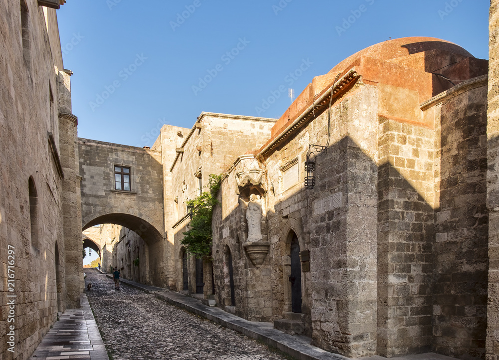 Ippoton Street known as Knights Street - narrow street of medieval Old Town of Rhodes, Greek Islands, Greece. 
