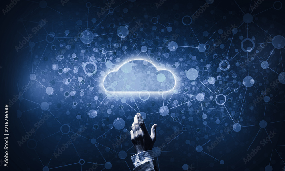 Technology idea concept with glowing cloud icon and touching it Technology idea concept with glowing cloud icon and touching it