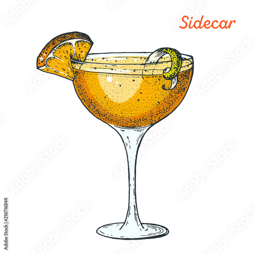 Sidecar cocktail illustration. Alcoholic cocktails hand drawn vector illustration.