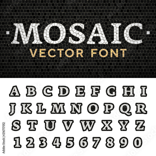 Vector mosaic floor style font. Latin letters from A to Z and numbers from 0 to 9 made of pavement stones. Beautiful classic design.