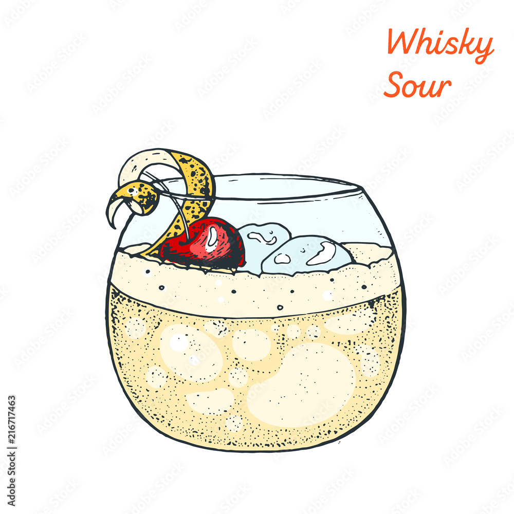 Whiskey sour cocktail illustration. Alcoholic cocktails hand drawn