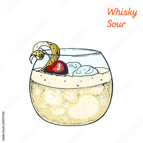 Whiskey sour cocktail illustration. Alcoholic cocktails hand drawn vector illustration.