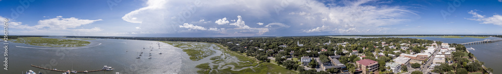 360 degree seamless aerial panorama of Beaufort, South Carolina with thunderstorm on the horizon.