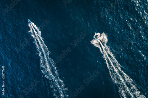 Speed boat on the sea, aerial top view