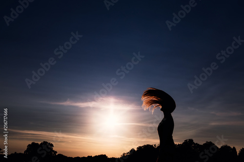 Silhouette of a girl who waving her hair against the background © Ivan